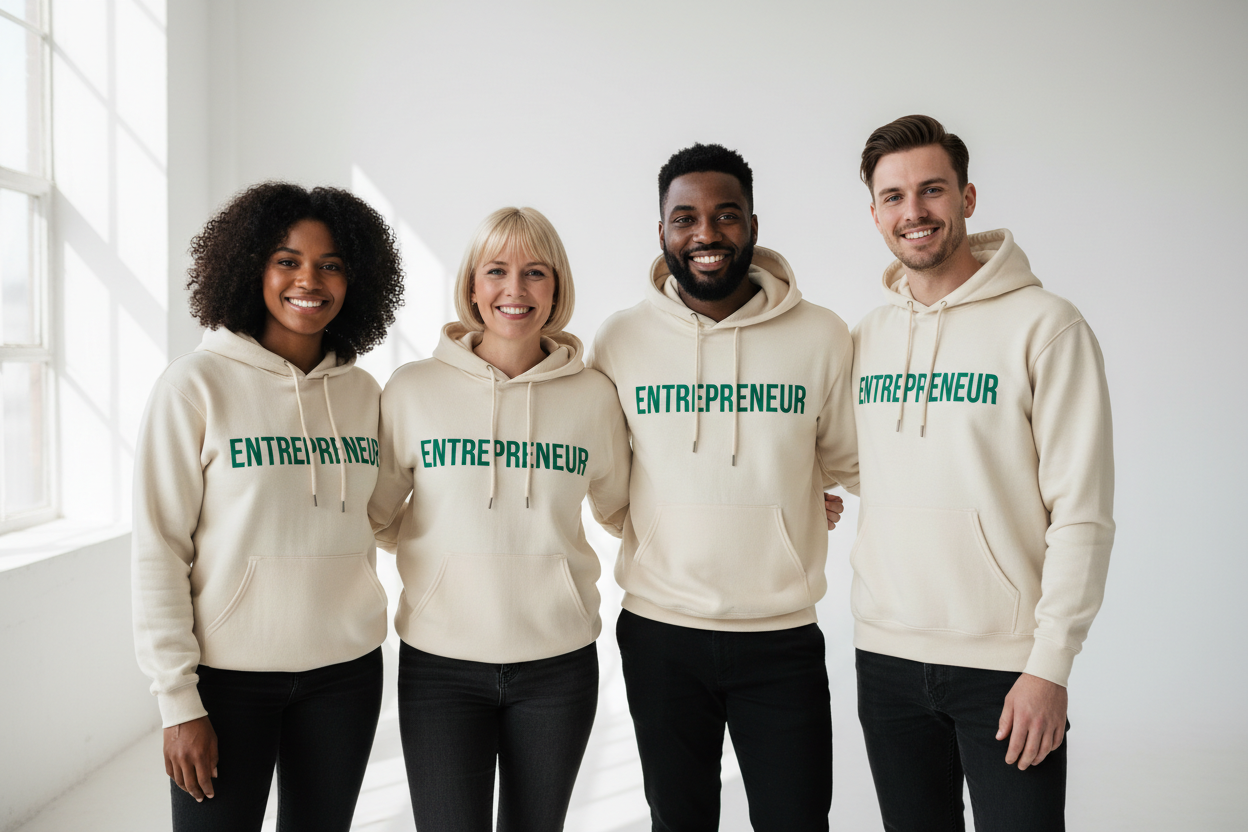 image of a black woman a white woman a black guy and a white woman wearing a cream color sweatshirt with green text written entrepreneur
